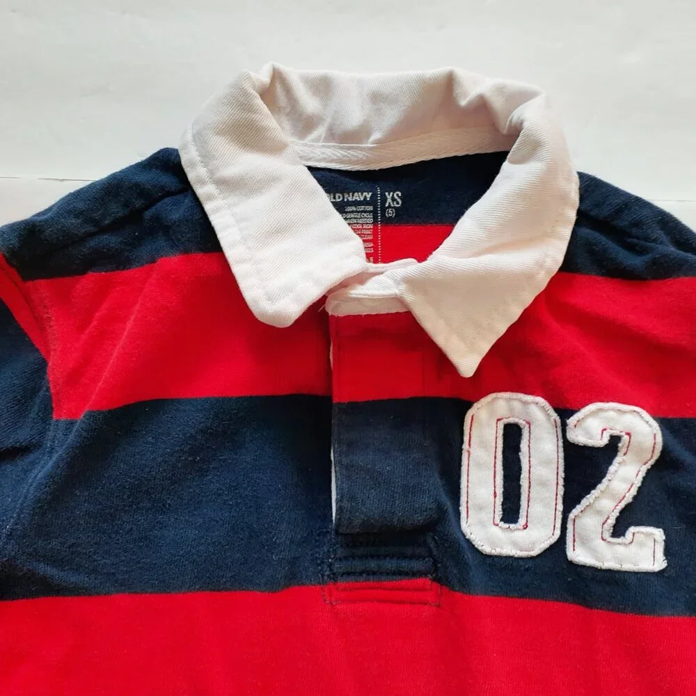 Old Navy Boys Shirt Polo Red Blue Stripe Long Sleeve Rugby XS 5